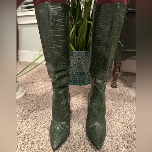 Faux Alligator Knee High Green Boots - Picture 2 of 7